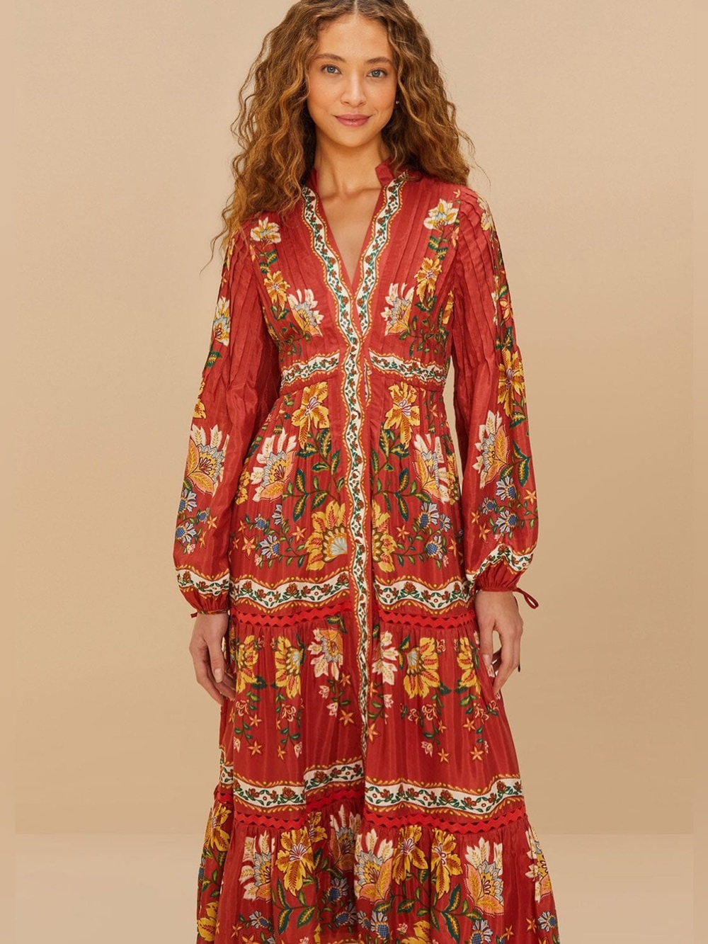 FARM Rio Red Garden Delight Long Sleeve Midi Dress | Boho Floral | Medium - Picture 2 of 6